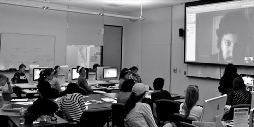 Students in teleconference with author